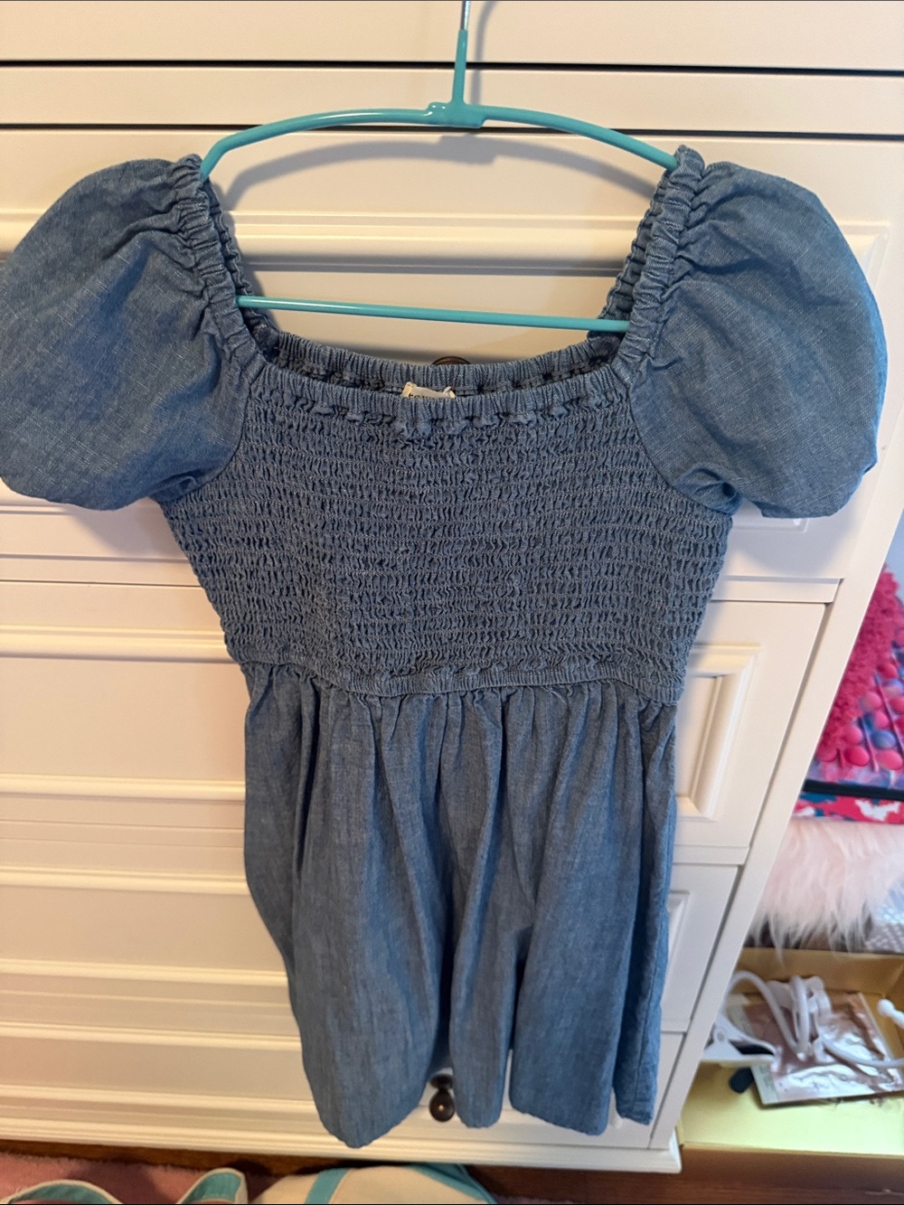 J. Crew Factory Blue Chambray Puff-Sleeve Kids Dress